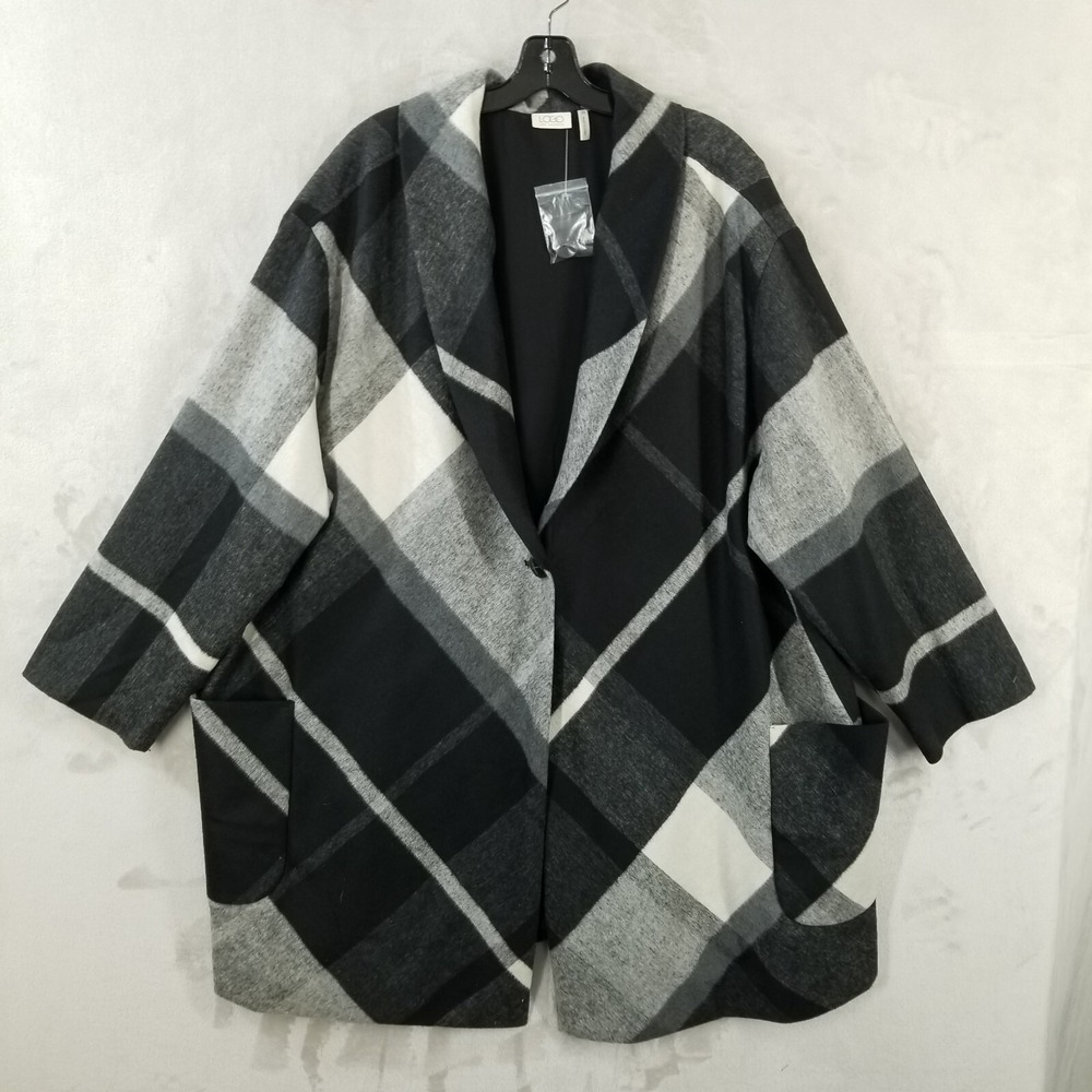LOGO Lori Goldstein Jacket Women Plus 3X Black Plaid‎ Button Front Wool Blend